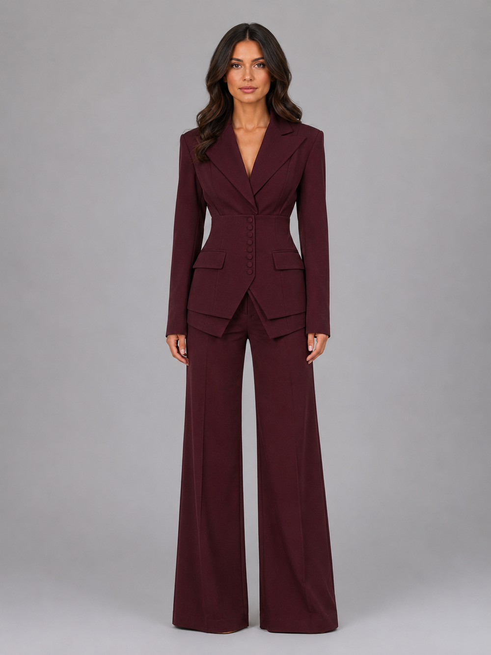 Women’s Tailored Two-Piece Suit – Cinched Waist & Wide-Leg Trousers