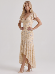 Amina Floral V Neck Maxi Dress Buttercream Yellow view 3