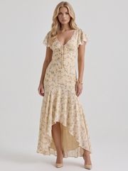 Amina Floral V Neck Maxi Dress Buttercream Yellow view 1