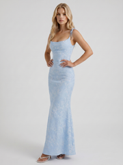Aria Cowl Neck Textured Satin Bodycon Maxi Dress Blue view 3