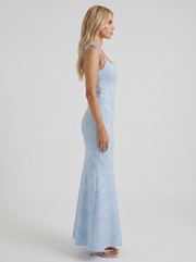 Aria Cowl Neck Textured Satin Bodycon Maxi Dress Blue view 4