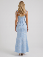 Aria Cowl Neck Textured Satin Bodycon Maxi Dress Blue view 5