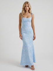 Aria Cowl Neck Textured Satin Bodycon Maxi Dress Blue view 1