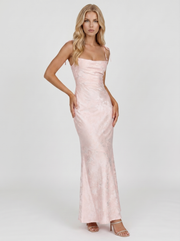 Aria Cowl Neck Textured Satin Bodycon Maxi Dress Blush view 3