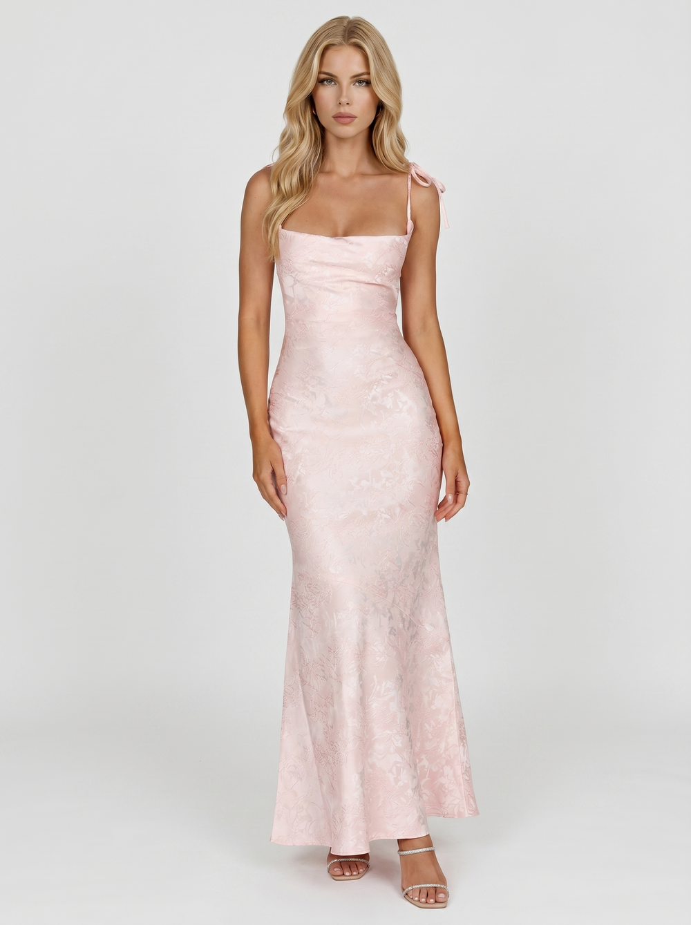 Aria Cowl Neck Textured Satin Bodycon Maxi Dress Blush