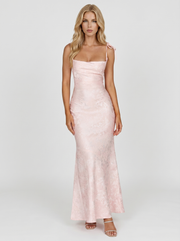 Aria Cowl Neck Textured Satin Bodycon Maxi Dress Blush view 1
