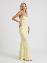 Aria Cowl Neck Textured Satin Bodycon Maxi Dress Lemon view 3