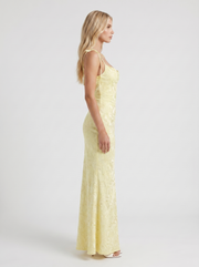 Aria Cowl Neck Textured Satin Bodycon Maxi Dress Lemon view 4