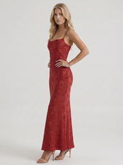 Aria Cowl Neck Textured Satin Bodycon Maxi Dress Red view 3