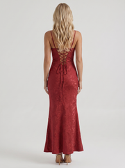 Aria Cowl Neck Textured Satin Bodycon Maxi Dress Red view 5