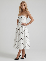 Audrey Strapless Pleated A Line Midi Dress Black Polka Dot view 3
