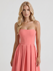 Audrey Strapless Pleated A Line Midi Dress Coral Pink view 2