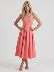 Audrey Strapless Pleated A Line Midi Dress Coral Pink view 3
