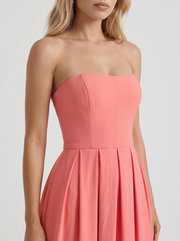 Audrey Strapless Pleated A Line Midi Dress Coral Pink view 6