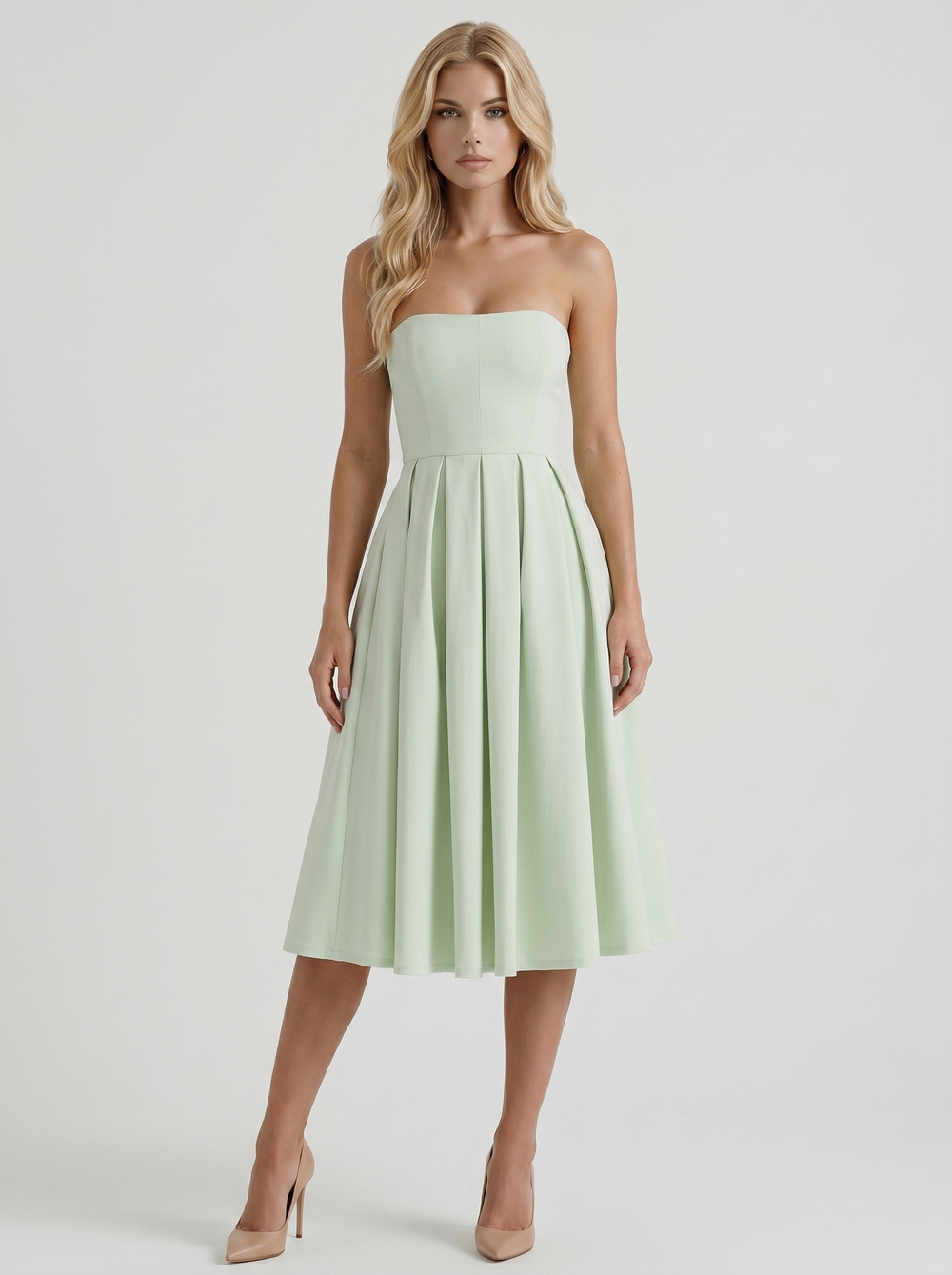 Audrey Strapless Pleated A Line Midi Dress Mint