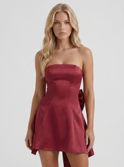 Celine Strapless Side Bow Satin Mini Dress Burgundy view 2
