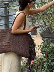Claire Woven Fringe Shoulder Tote Beach Bag Brown view 4