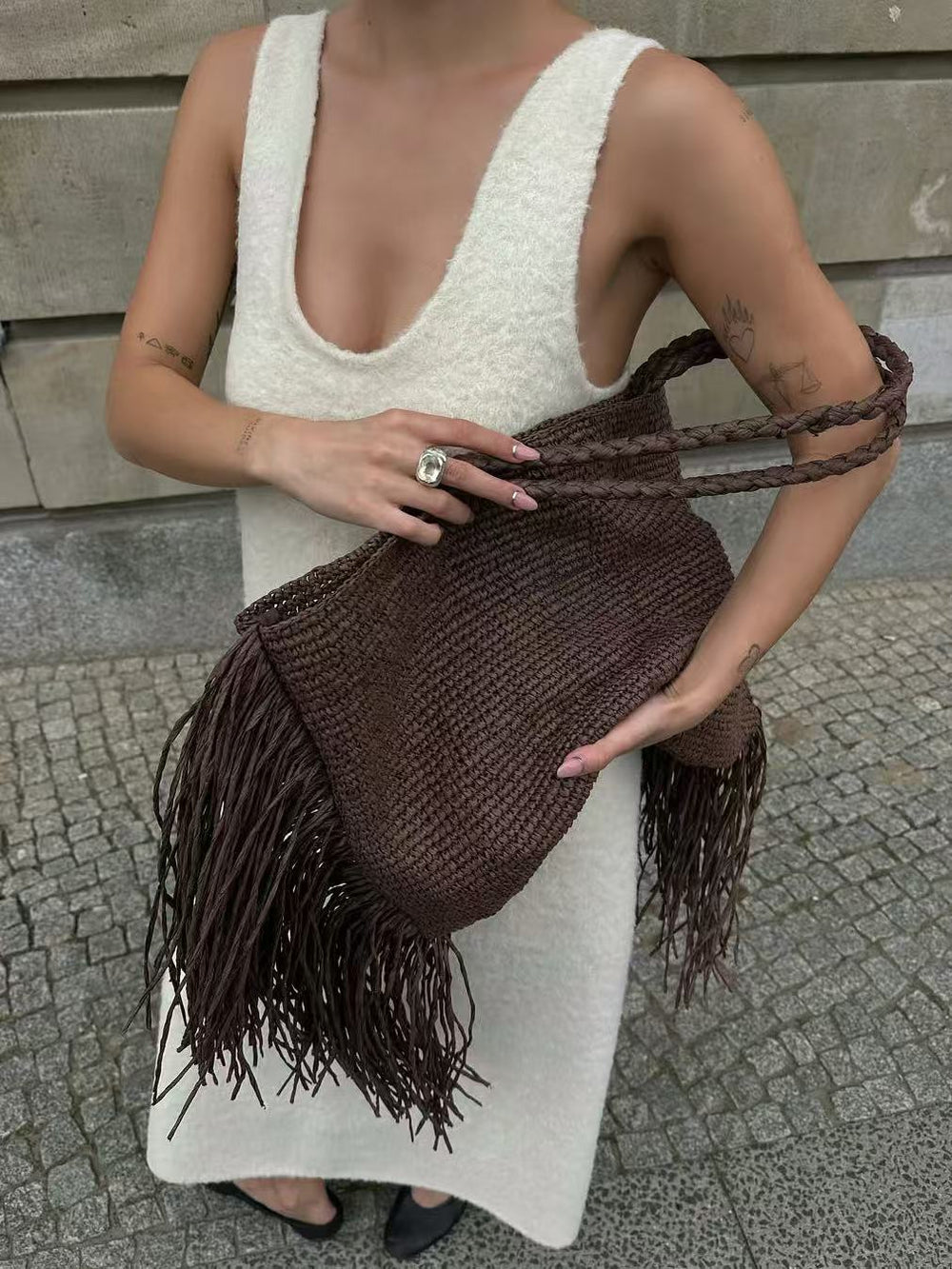 Claire Woven Fringe Shoulder Tote Beach Bag Brown