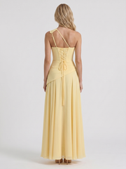 Delphine One Shoulder Ruched Mesh Maxi Dress Lemon view 5