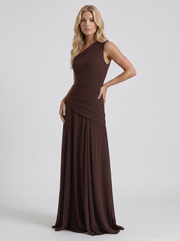 Delphine One Shoulder Ruched Mesh Maxi Dress Plum Brown view 3