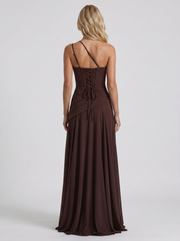 Delphine One Shoulder Ruched Mesh Maxi Dress Plum Brown view 5