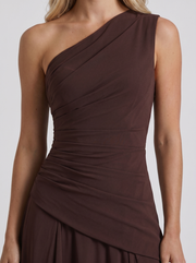 Delphine One Shoulder Ruched Mesh Maxi Dress Plum Brown view 6