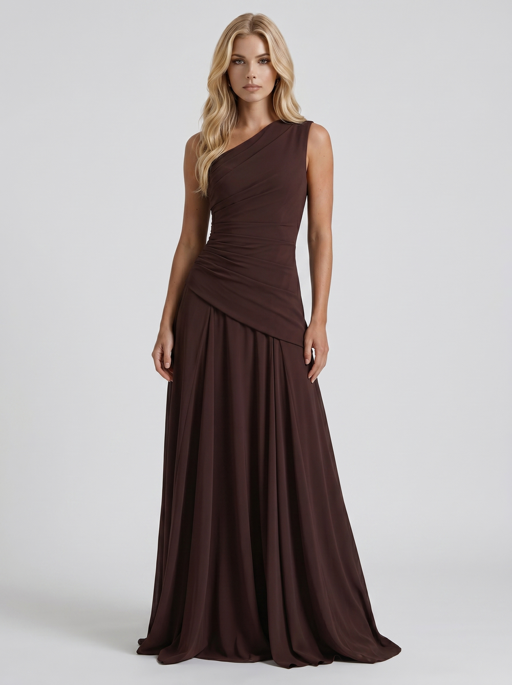 Delphine One Shoulder Ruched Mesh Maxi Dress Plum Brown