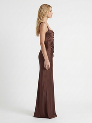 Elara Satin Ruched Strapless Maxi Dress Brown view 4
