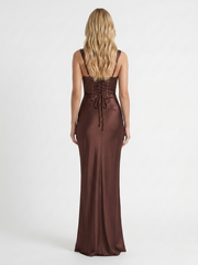 Elara Satin Ruched Strapless Maxi Dress Brown view 5