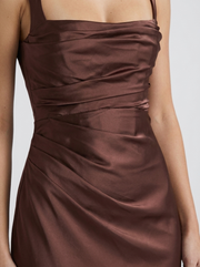 Elara Satin Ruched Strapless Maxi Dress Brown view 6