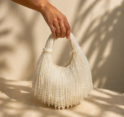 Ellie Pearl Beaded Fringe Shoulder Party Bag White