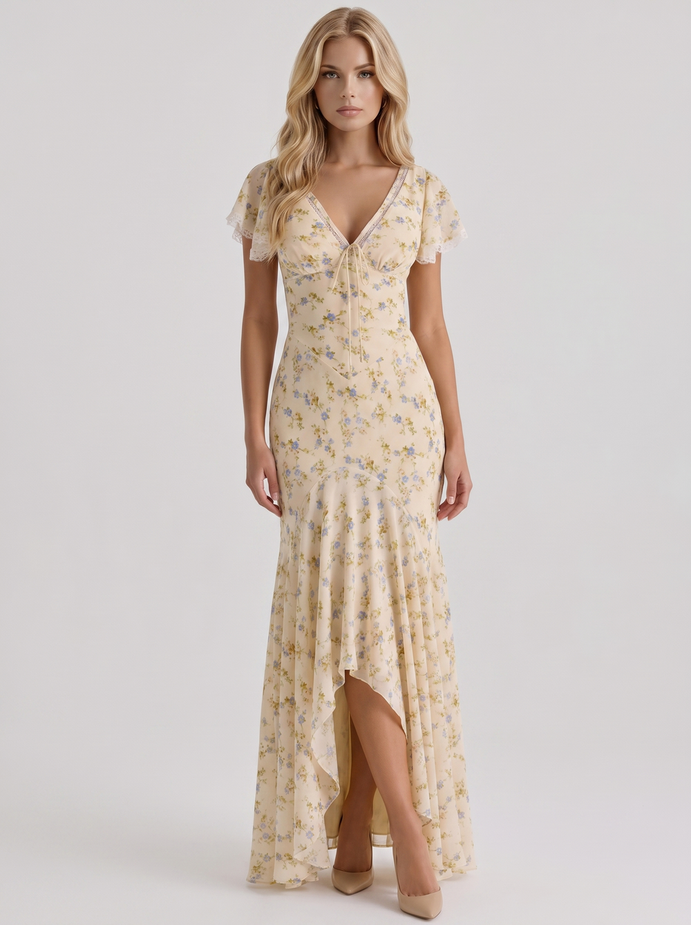 Floriane Garden Floral V Neck Fishtail Maxi Gown Cream Floral