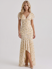 Floriane Garden Floral V Neck Fishtail Maxi Gown Cream Floral view 1