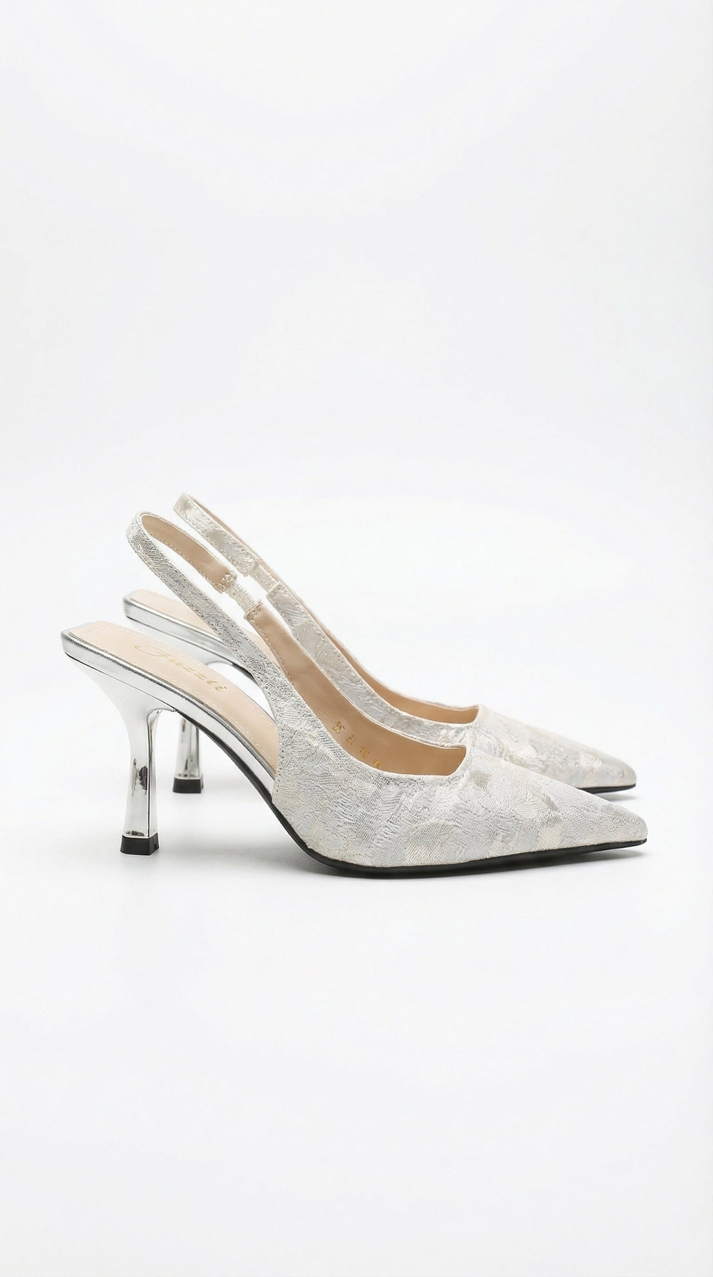 Frida Textured Pointed Toe Slingback Heel Sandals Silver