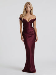 Helena Off Shoulder Draped Satin Maxi Dress Cherry Lacquer view 1