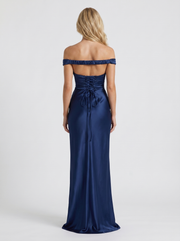 Helena Off Shoulder Draped Satin Maxi Dress Navy view 5