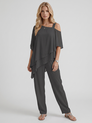 Ines Cold Shoulder Chiffon Pants Set Black view 1