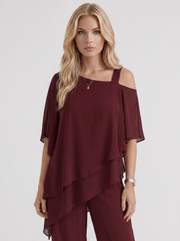 Ines Cold Shoulder Chiffon Pants Set Red view 2