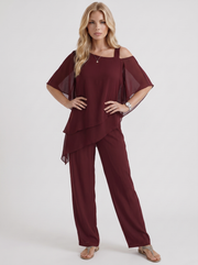 Ines Cold Shoulder Chiffon Pants Set Red view 3