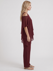 Ines Cold Shoulder Chiffon Pants Set Red view 4