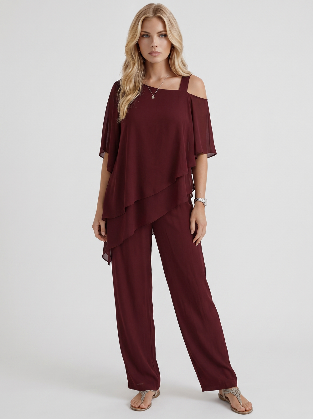 Ines Cold Shoulder Chiffon Pants Set Red