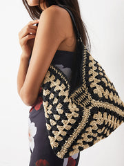 Jenny Embroidered Woven Crochet Shoulder Beach Bag Black view 2