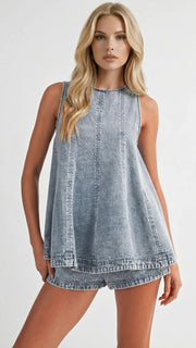 Josie Sleeveless Denim Top and Shorts Set Blue view 3