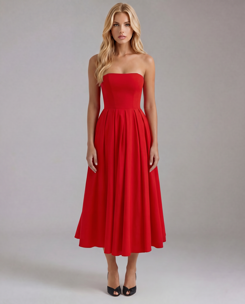 Juliana Strapless Midi Dress Red