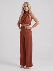 Kassia Satin Halter Crop Top Wide Leg Pants Set Red view 3