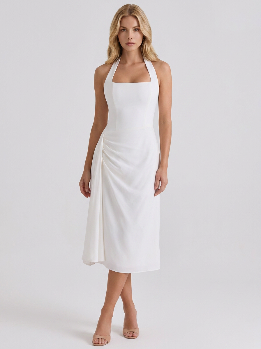 Mia Halter Square Neck Midi Dress White