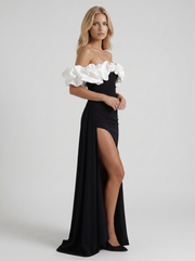 Mira Off Shoulder Ruffle Bardot Bodycon Maxi Dress Black & White view 3