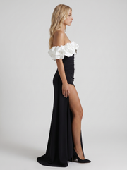 Mira Off Shoulder Ruffle Bardot Bodycon Maxi Dress Black & White view 4