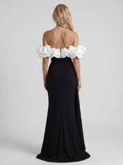 Mira Off Shoulder Ruffle Bardot Bodycon Maxi Dress Black & White view 5