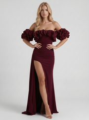 Mira Off Shoulder Ruffle Bardot Bodycon Maxi Dress Cherry Red view 3